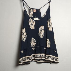 Boho Floral Print Rayon Sleeveless Peplum Tank – Navy Blue – Size M NWT (Lucky)
